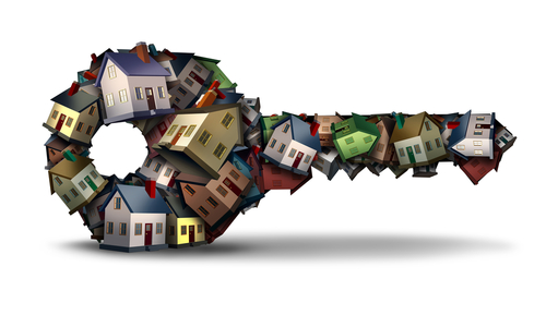 Images of houses integrated into a key shape design