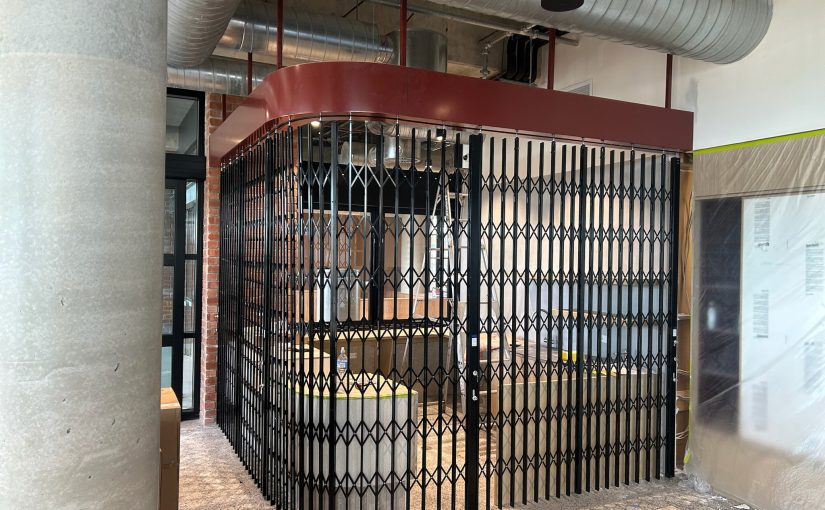 Futuristic curved retractable security doors.
